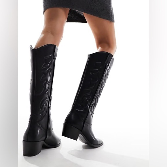 Stradivarius faxu leather cowboy boots western confirm knee high Bohemian shoes - Picture 4 of 6